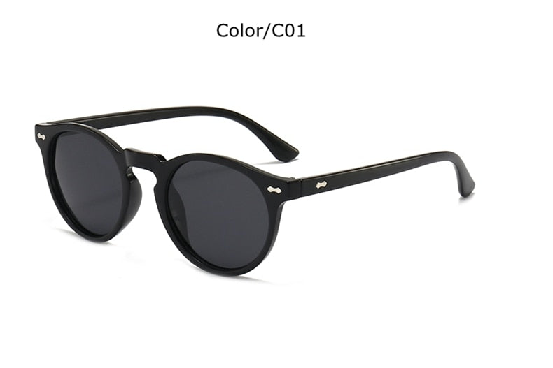 Classic sunglasses with oval plastic black lenses.