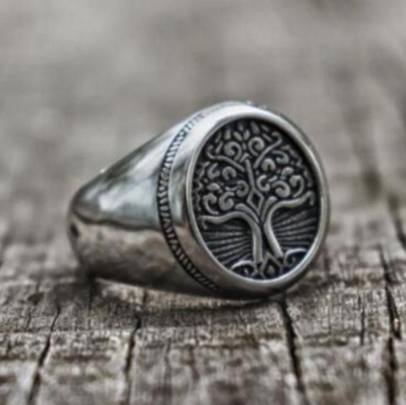 Vintage Tree of Life Stainless Steel Mens Ring