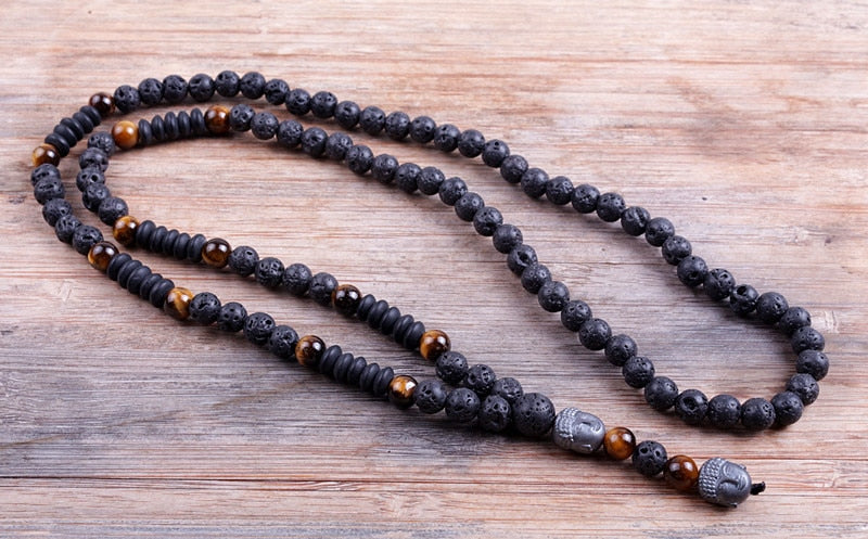 Buddha Head Lava Stone Mala Bead Necklace