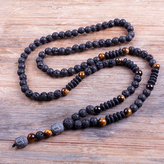 Buddha Head Lava Stone Mala Bead Necklace