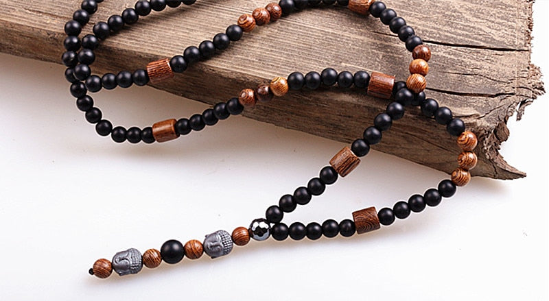 Buddha Head Lava Stone Mala Bead Necklace