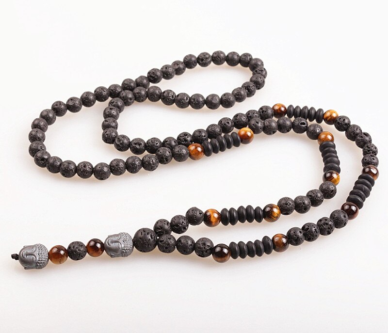 Buddha Head Lava Stone Mala Bead Necklace