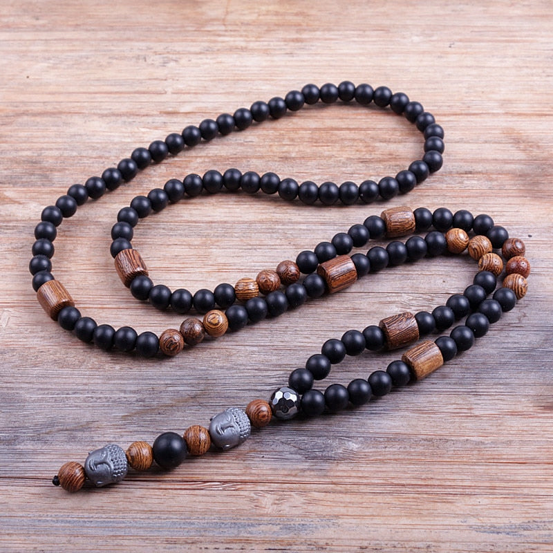 Buddha Head Lava Stone Mala Bead Necklace