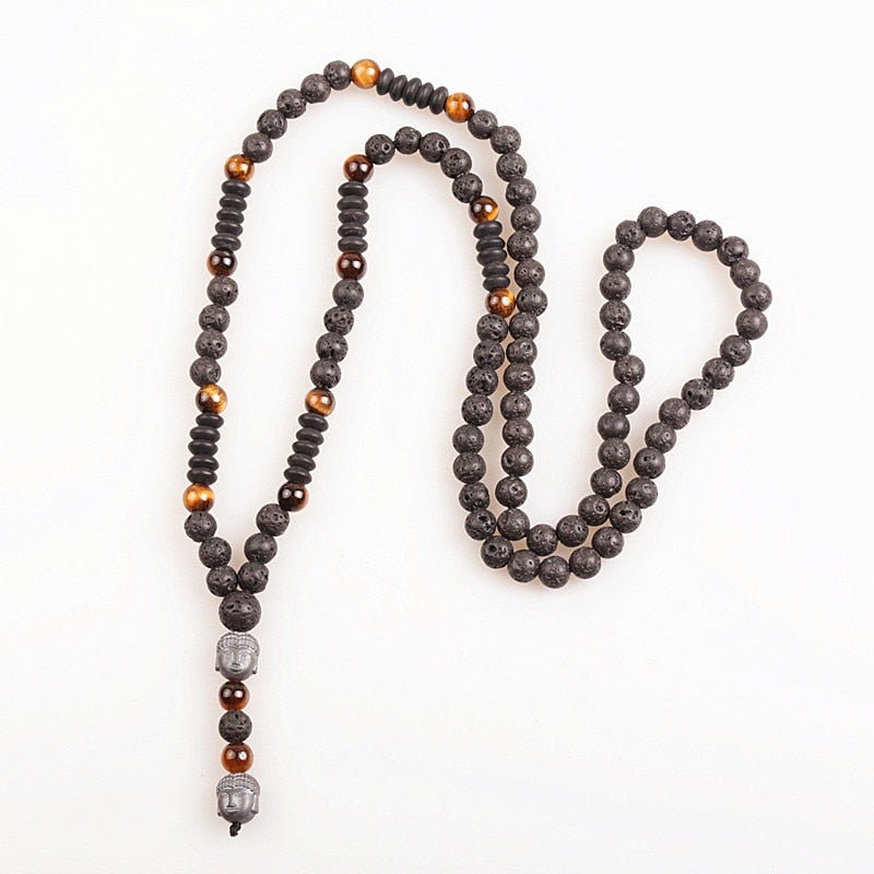 Buddha Head Lava Stone Mala Bead Necklace