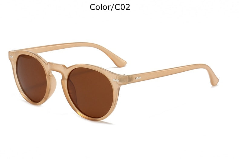 Classic sunglasses with oval plastic brown lenses.