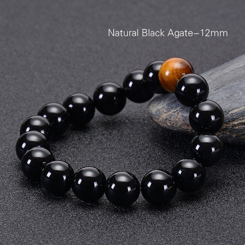 Black Agate with Tiger Eye Stone Beads Mens Bracelet