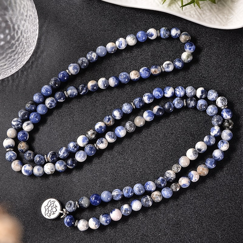 8mm Natural Blue Vein 108 Bead Mala Bracelet