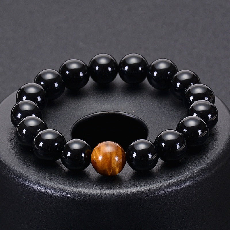 Black Agate with Tiger Eye Stone Beads Mens Bracelet