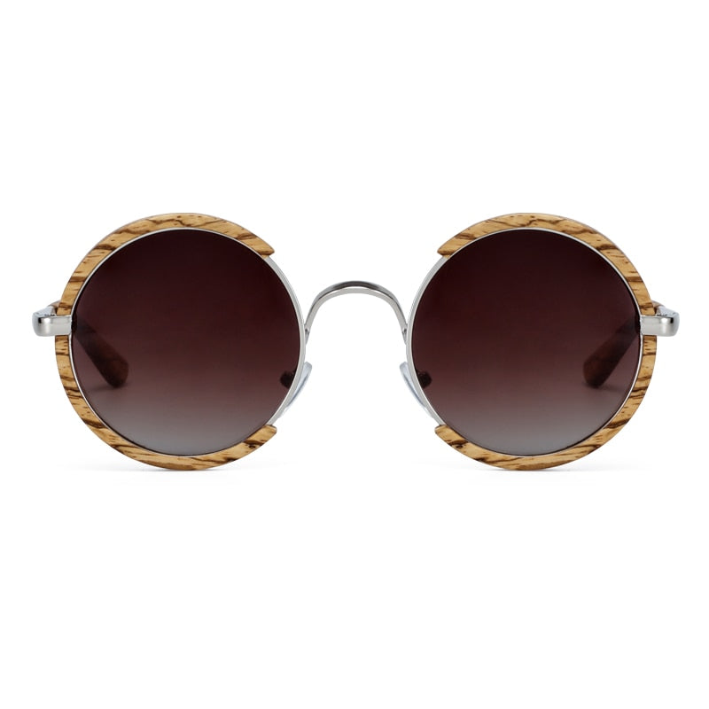 round Sapele or Zebra  wood and metal materials mens sunglasses with UV400 protection lenses.