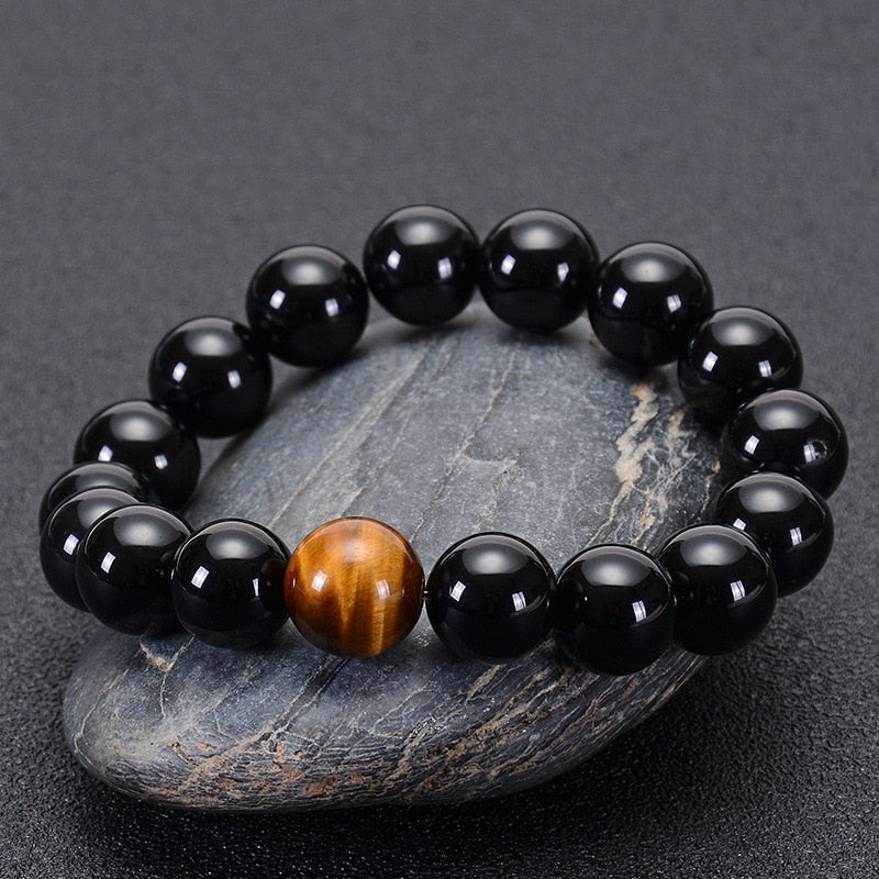 Black Agate with Tiger Eye Stone Beads Mens Bracelet