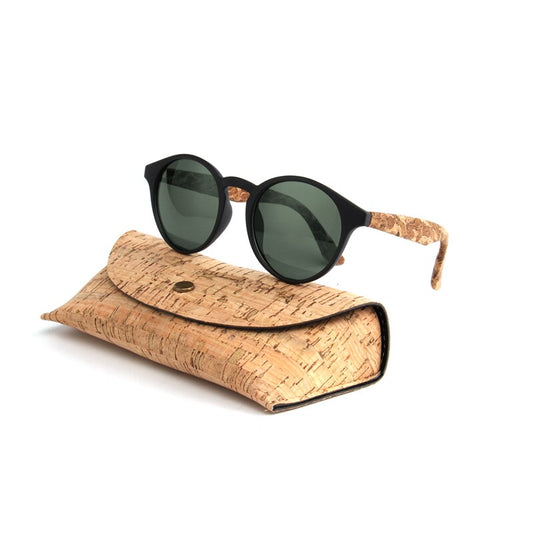 Black round sunglasses with cork case