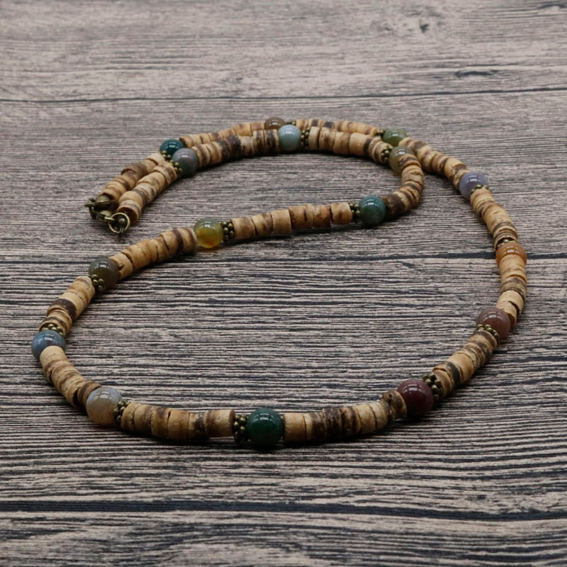 Natural Indian onyx and coconut shell Bohemian style men's necklace