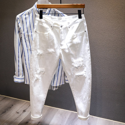 White Ripped Baggy Stretch Denim Jeans - Mens Pants