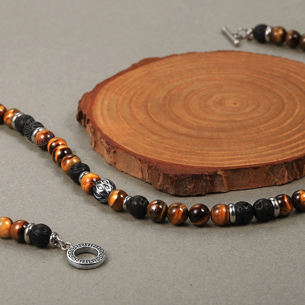 8mm Natural Stone and Tiger Eye Mala Bead Necklace