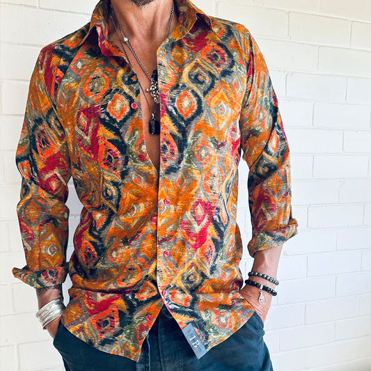 Diamond Print Silky Long Sleeve Button Up Shirt