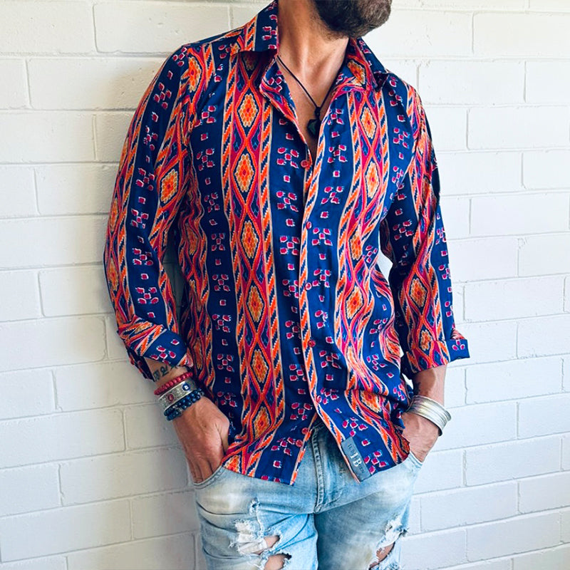 Fiesta Stripe Silky Long Sleeve Button Up Shirt