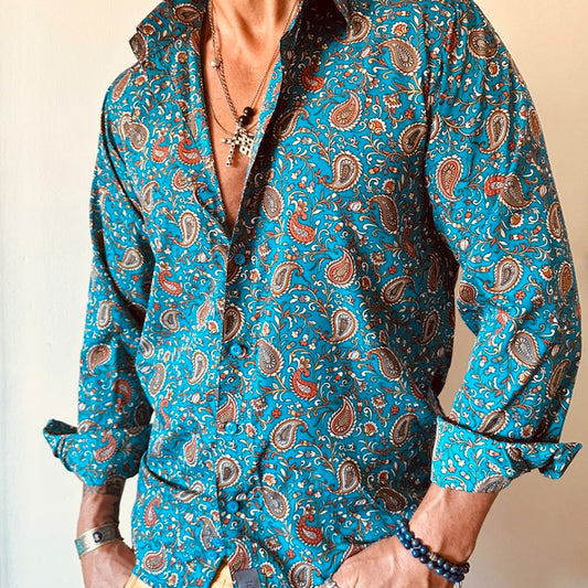 Traditional Paisley Print Silky Long Sleeve Button Up Shirt_Turquoise